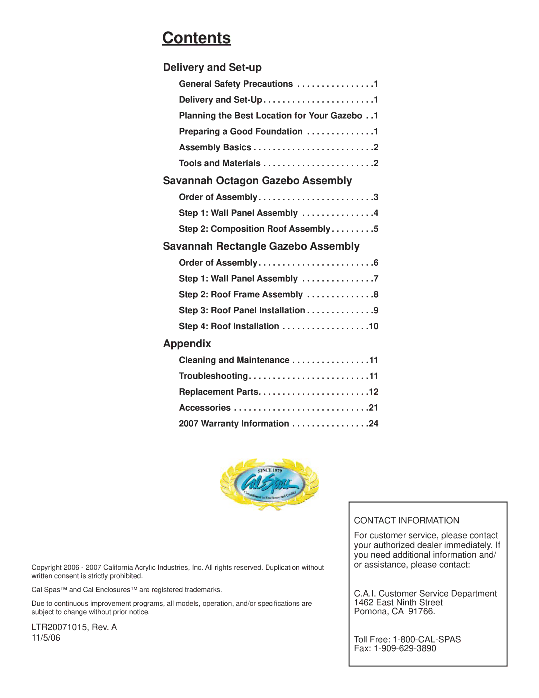 Cal Flame Woodcrest Series manual Contents 