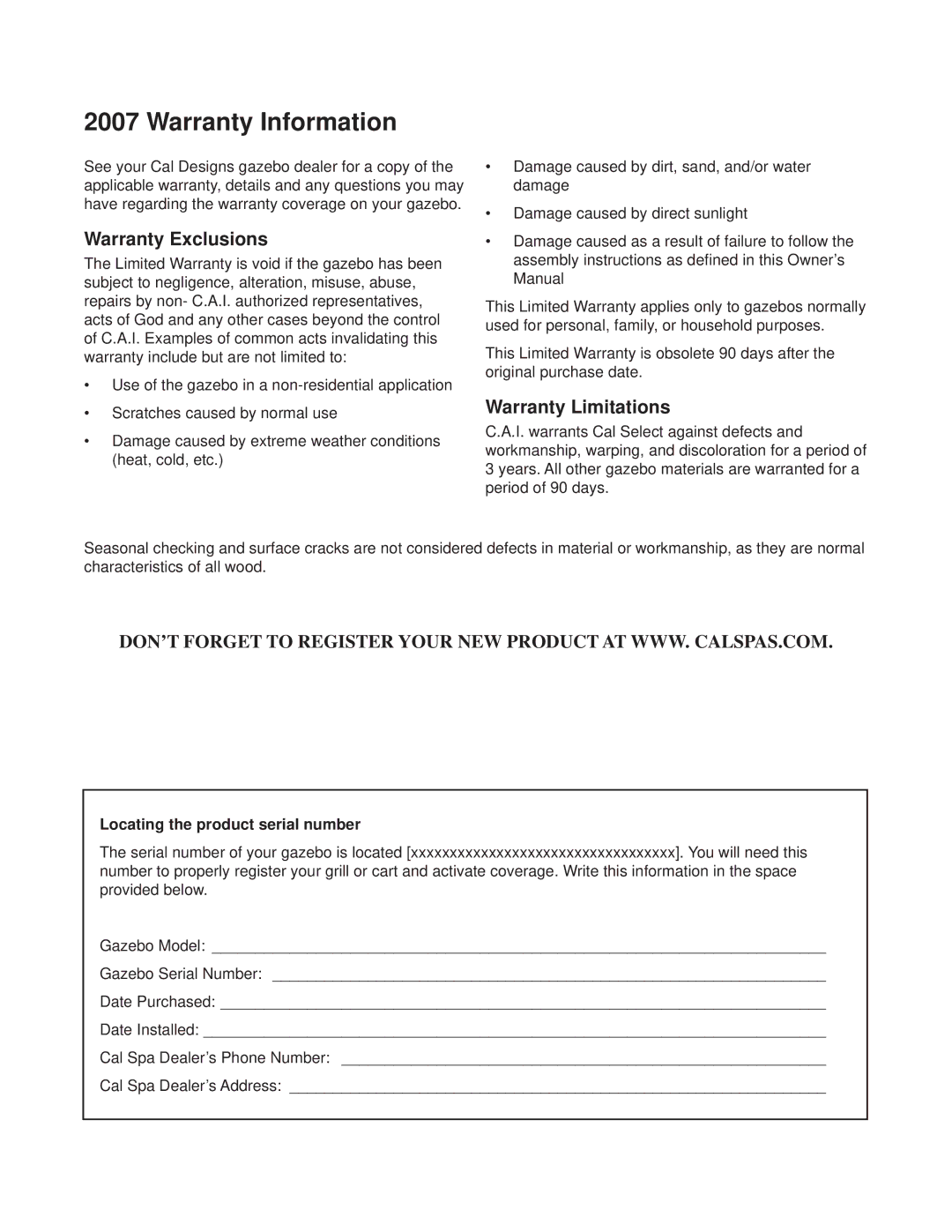 Cal Flame Woodcrest Series manual Warranty Information, Warranty Exclusions, Warranty Limitations 