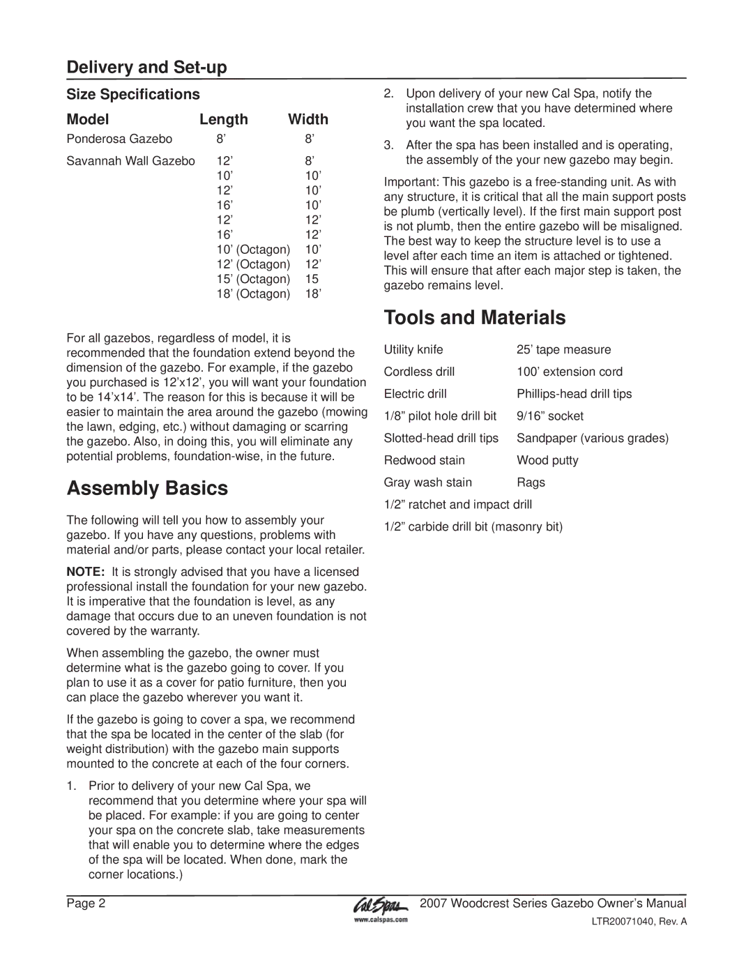 Cal Flame Woodcrest Series manual Assembly Basics, Tools and Materials, Size Speciﬁcations Model Length Width 