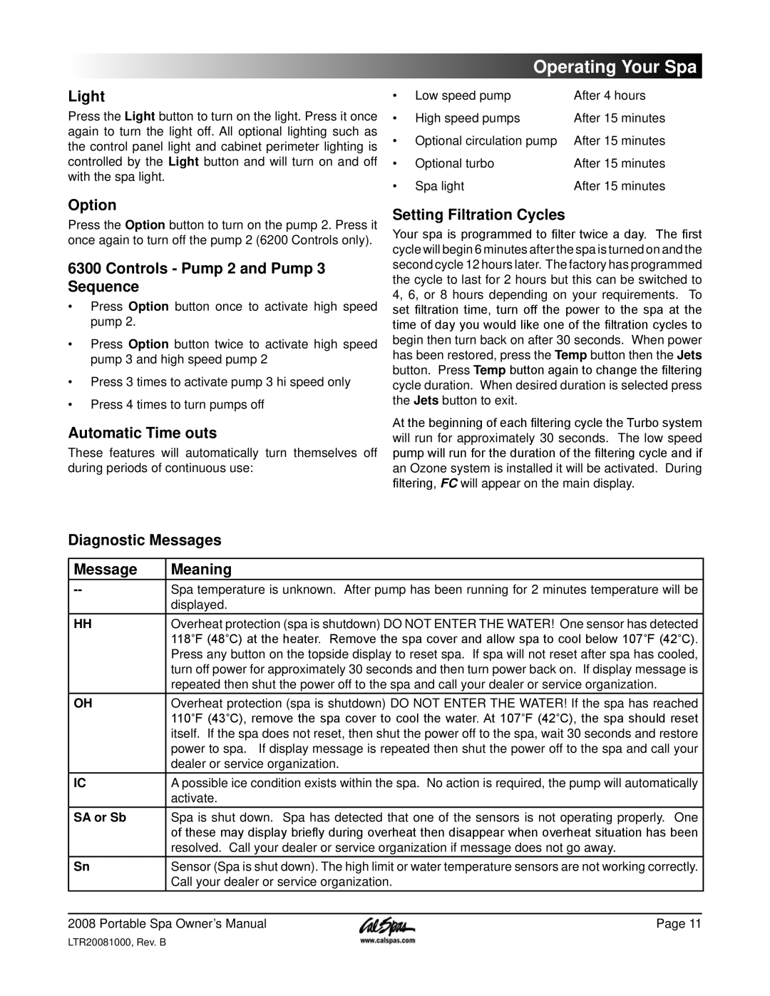 Cal Spas 5100, 6300 Light, Option, Controls Pump 2 and Pump 3 Sequence, Automatic Time outs, Setting Filtration Cycles 