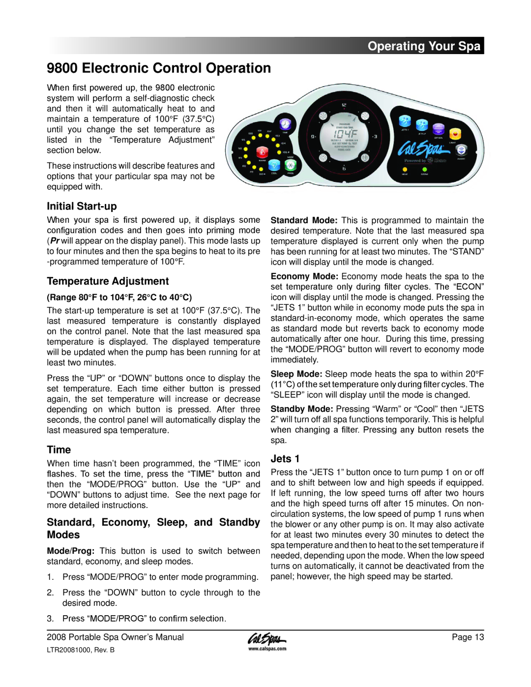 Cal Spas 6300, 5100 Electronic Control Operation, Initial Start-up, Time, Standard, Economy, Sleep, and Standby, Modes 