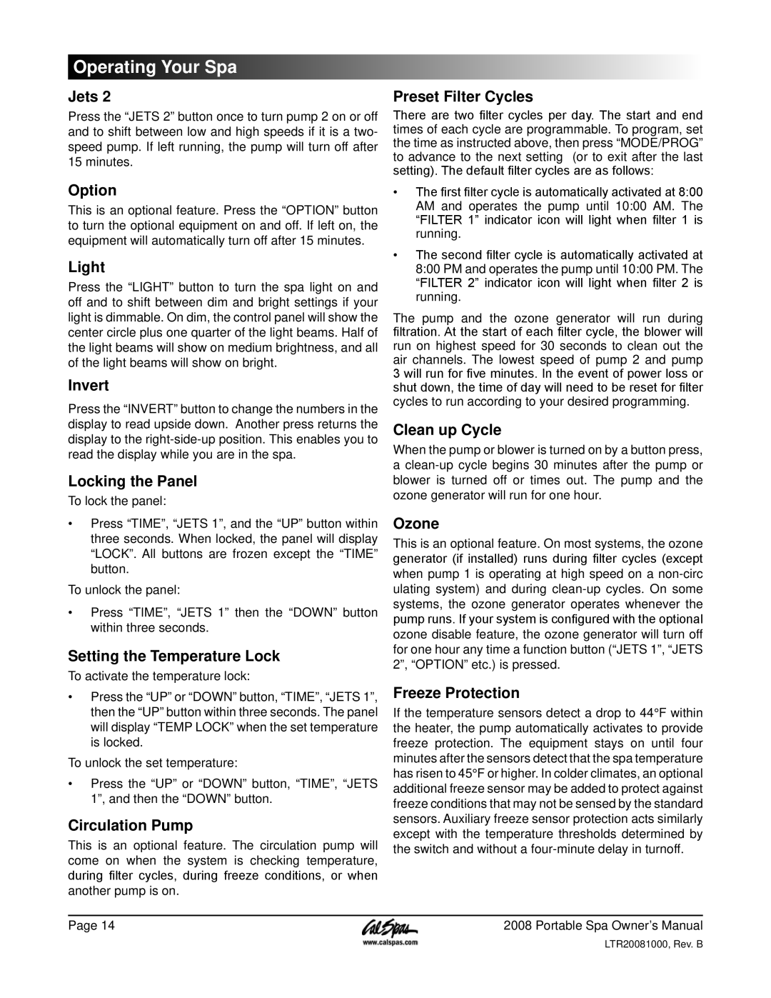 Cal Spas 5100, 6300 Preset Filter Cycles, Invert, Locking the Panel, Setting the Temperature Lock, Circulation Pump, Ozone 