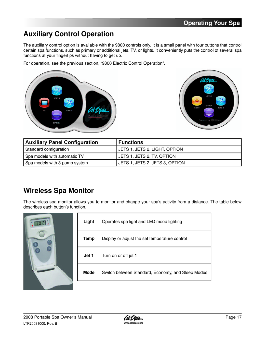 Cal Spas 5100, 6300, 6200 manual Auxiliary Control Operation, Wireless Spa Monitor, Auxiliary Panel Configuration Functions 