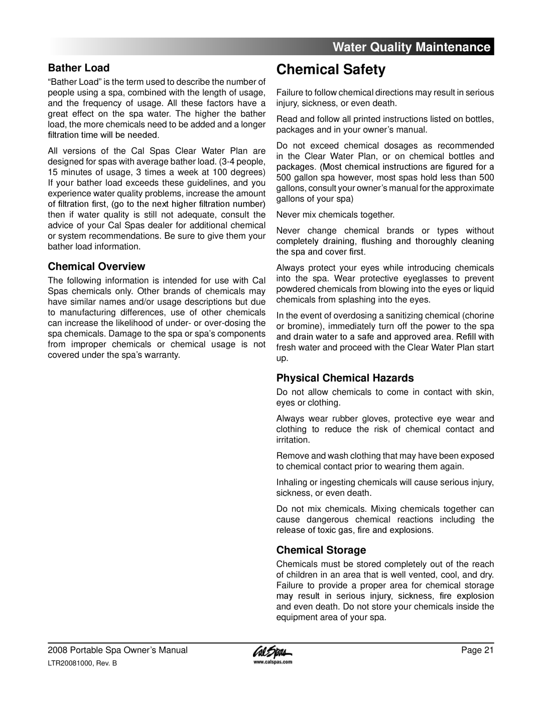 Cal Spas 6200, 6300, 5100 manual Chemical Safety, Bather Load, Chemical Overview, Physical Chemical Hazards, Chemical Storage 