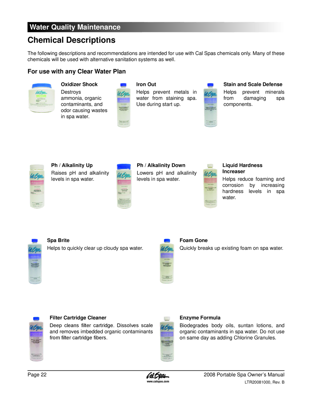 Cal Spas 6300, 5100, 6200 manual Chemical Descriptions, For use with any Clear Water Plan 