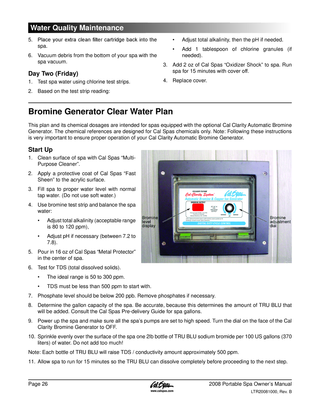 Cal Spas 5100, 6300, 6200 manual Bromine Generator Clear Water Plan, Day Two Friday 