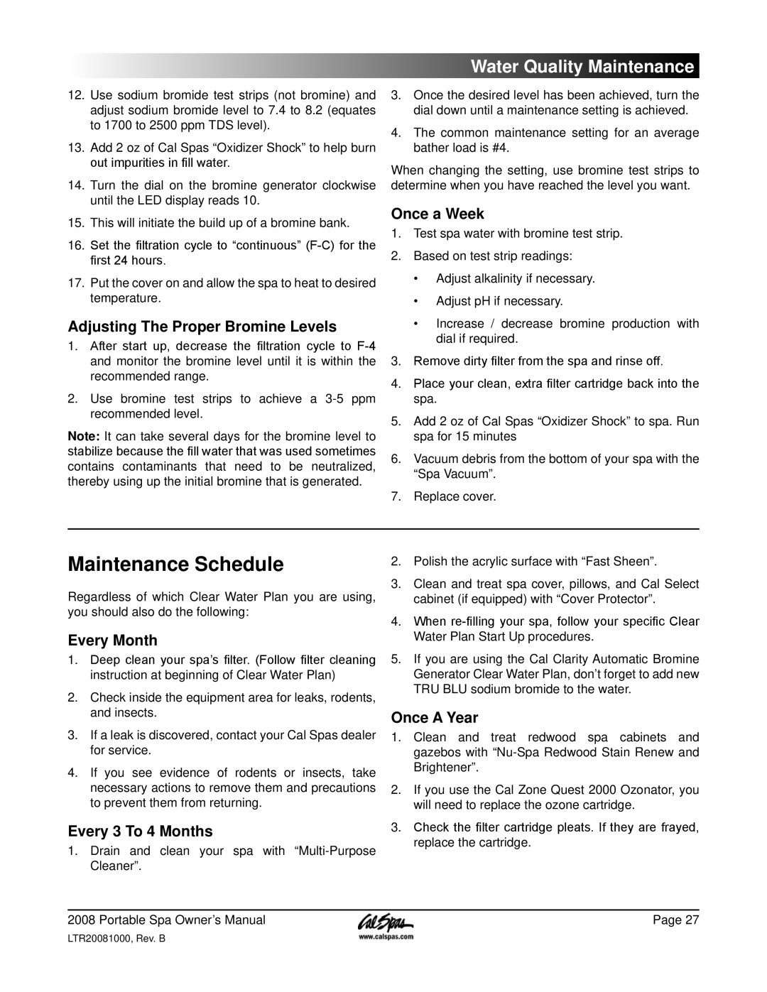 Cal Spas 6200, 6300, 5100 manual Maintenance Schedule 