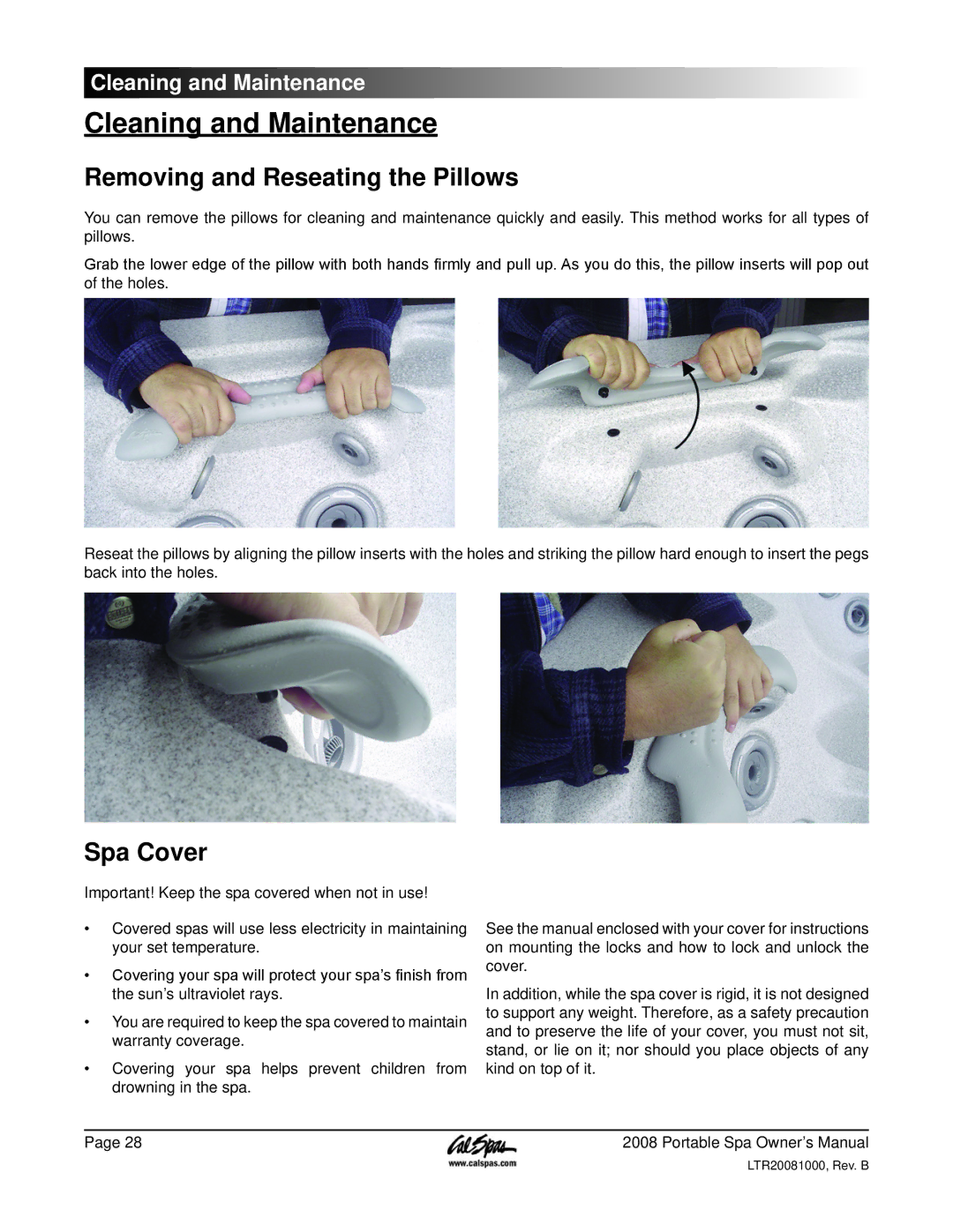 Cal Spas 6300, 5100, 6200 manual Cleaning and Maintenance, Removing and Reseating the Pillows, Spa Cover 