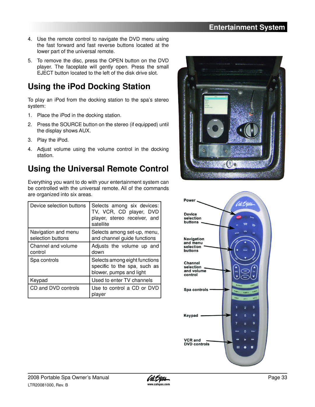 Cal Spas 6200, 6300, 5100 manual Using the iPod Docking Station, Using the Universal Remote Control 