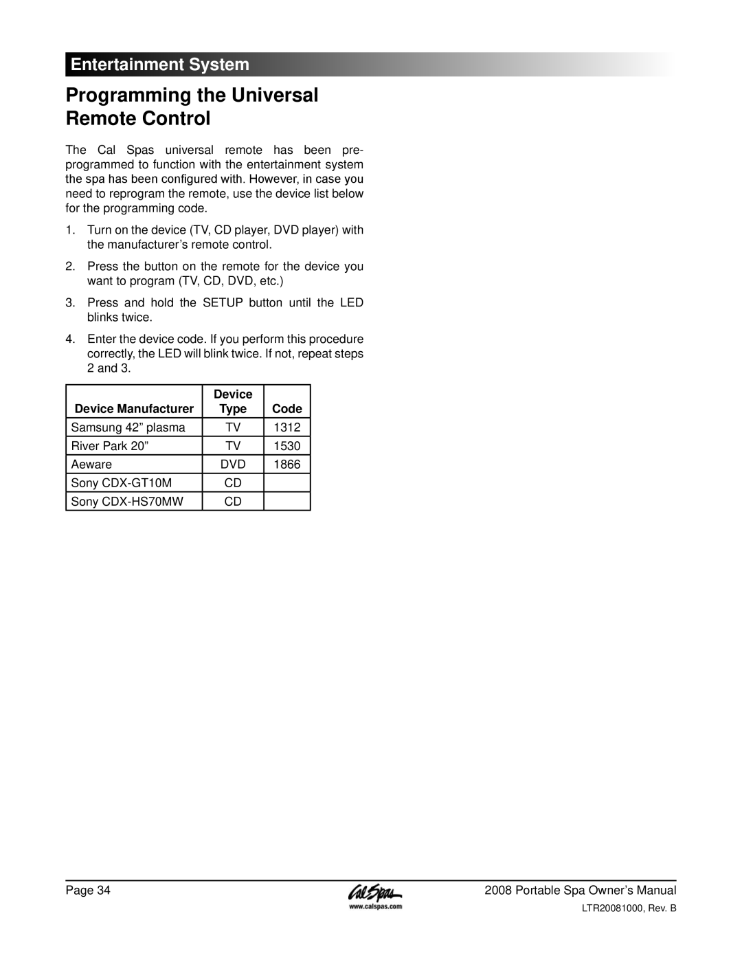 Cal Spas 6300, 5100, 6200 manual Programming the Universal Remote Control, Device Device Manufacturer, Code 