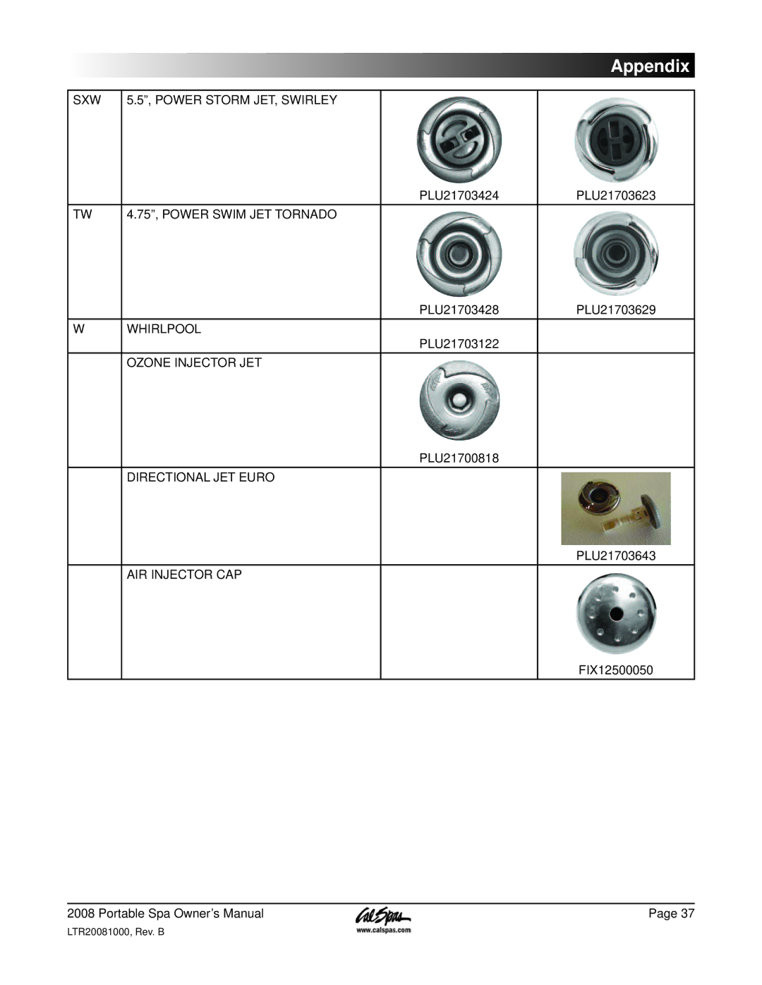 Cal Spas 6300, 5100, 6200 manual SXW Power Storm JET, Swirley 