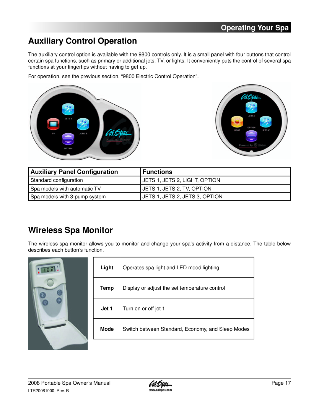 Cal Spas 5100, 6300, 6200 manual Auxiliary Control Operation, Wireless Spa Monitor, Auxiliary Panel Configuration, Functions 