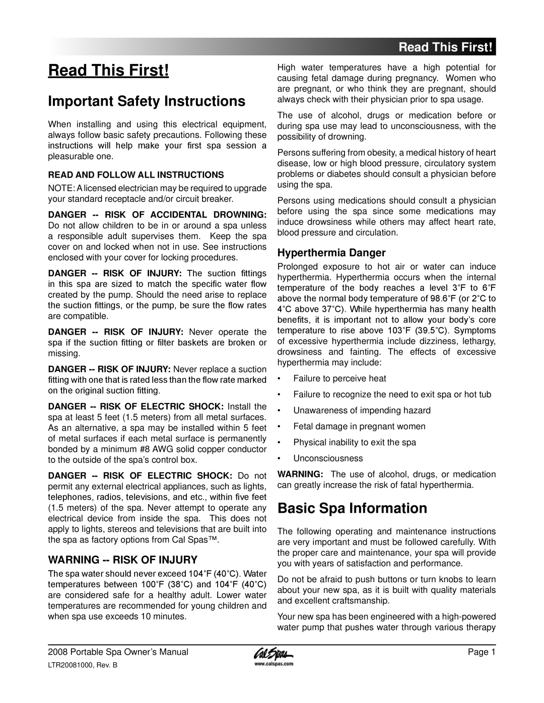 Cal Spas 6300, 5100, 6200 Read This First, Important Safety Instructions, Basic Spa Information, Warning --Risk Of Injury 