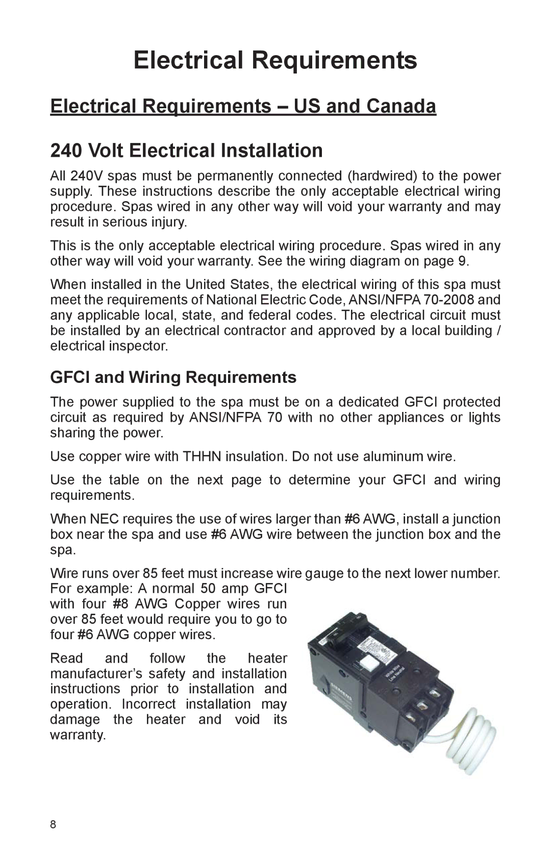 Cal Spas A744L, A857B, A844L, A826L, A726B, A726L, A969L, A844B, A744B manual Electrical Requirements, Gfci and Wiring Requirements 