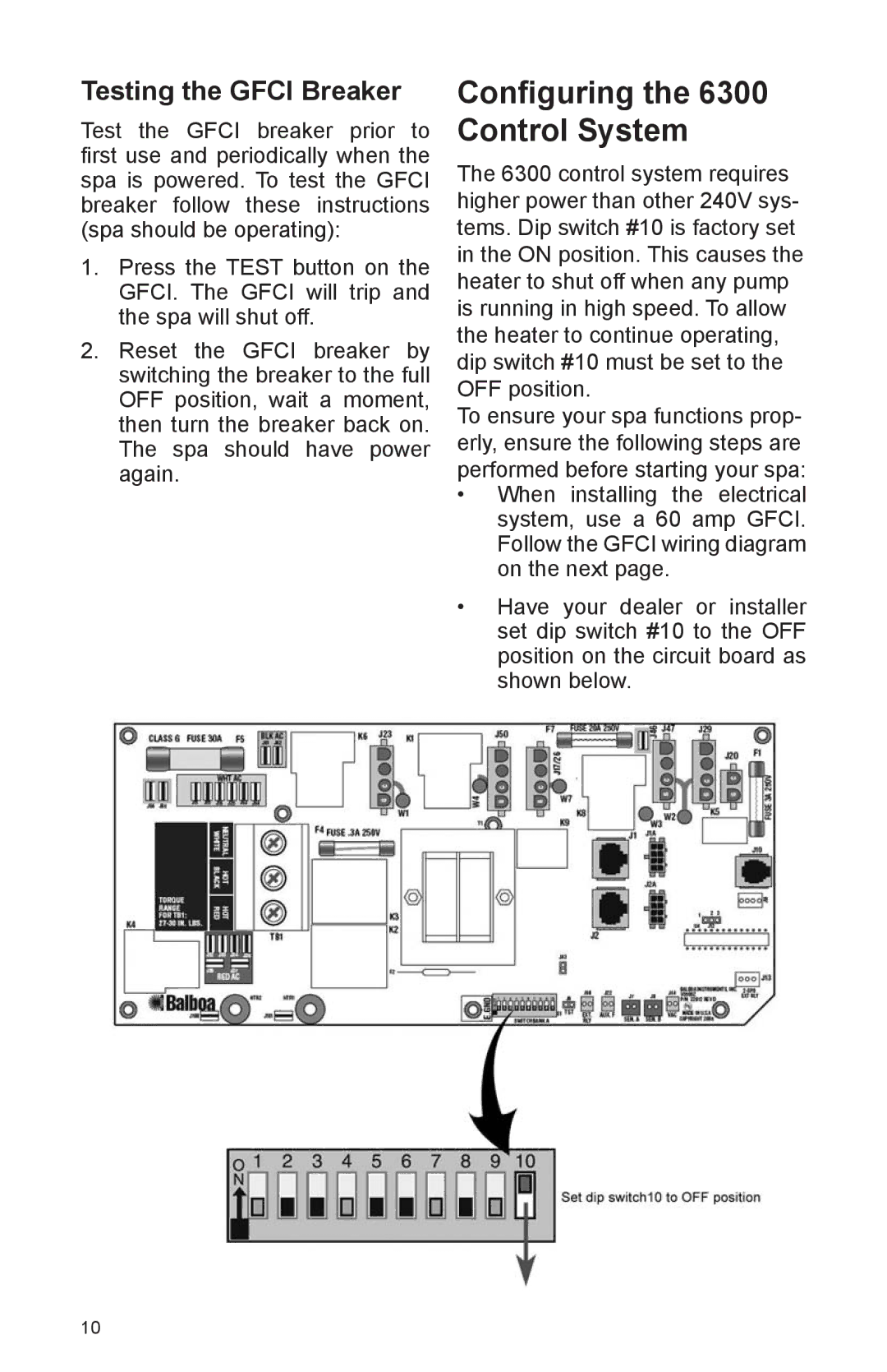 Cal Spas A844L, A857B, A826L, A726B, A726L, A969L, A844B, A744B, A857L, A826B Configuring Control System, Testing the Gfci Breaker 