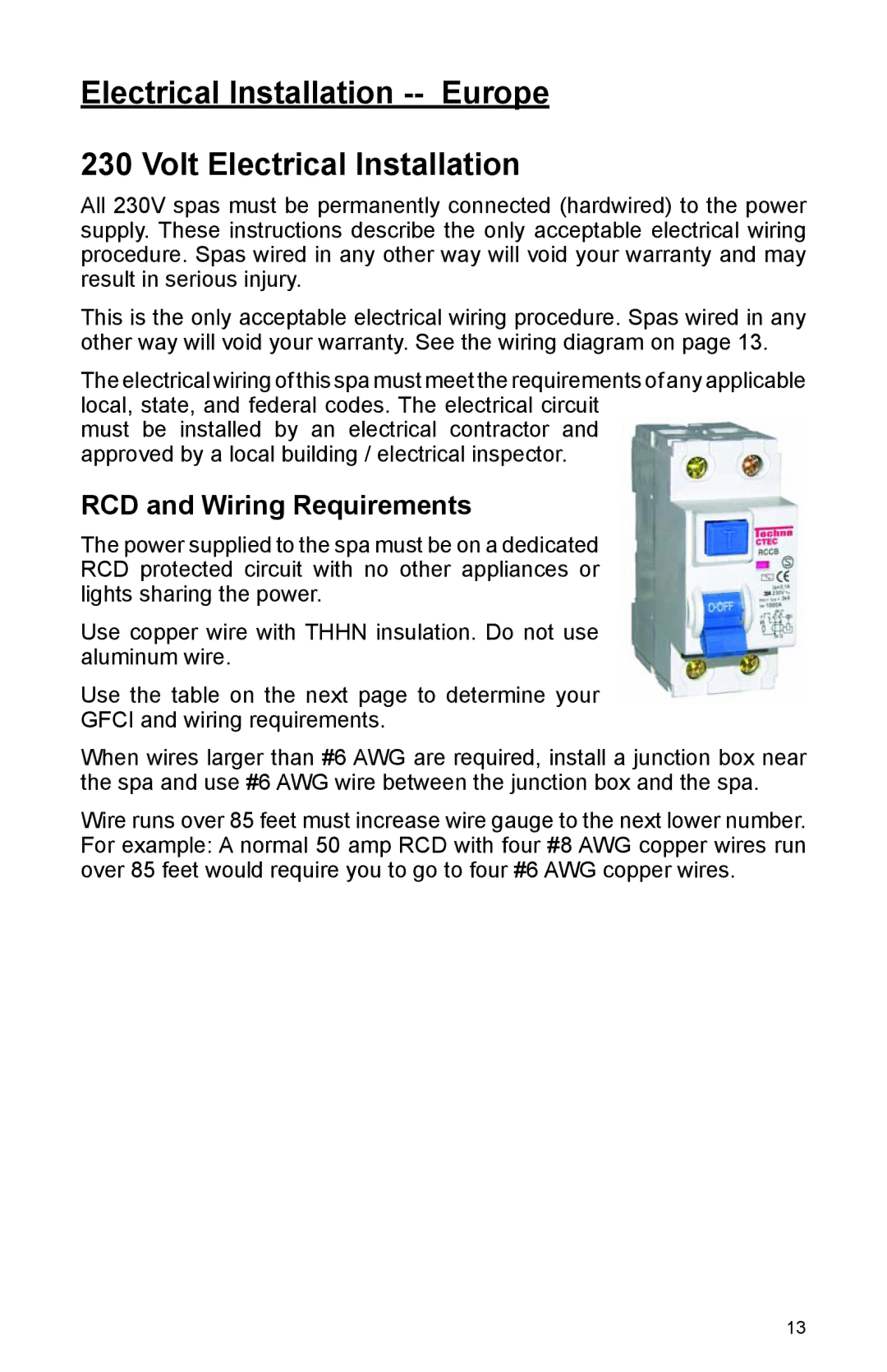 Cal Spas A726L, A857B, A844L, A826L, A726B, A969L, A844B, A744B, A857L, A826B, A744L manual RCD and Wiring Requirements 