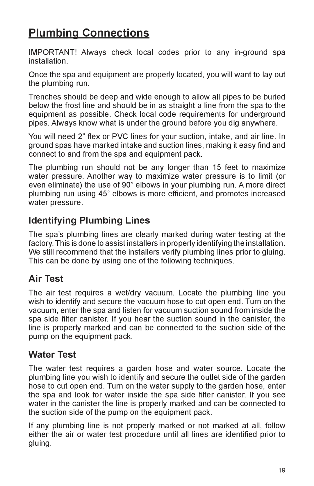 Cal Spas A744L, A857B, A844L, A826L, A726B, A726L, A969L Plumbing Connections, Identifying Plumbing Lines, Air Test, Water Test 