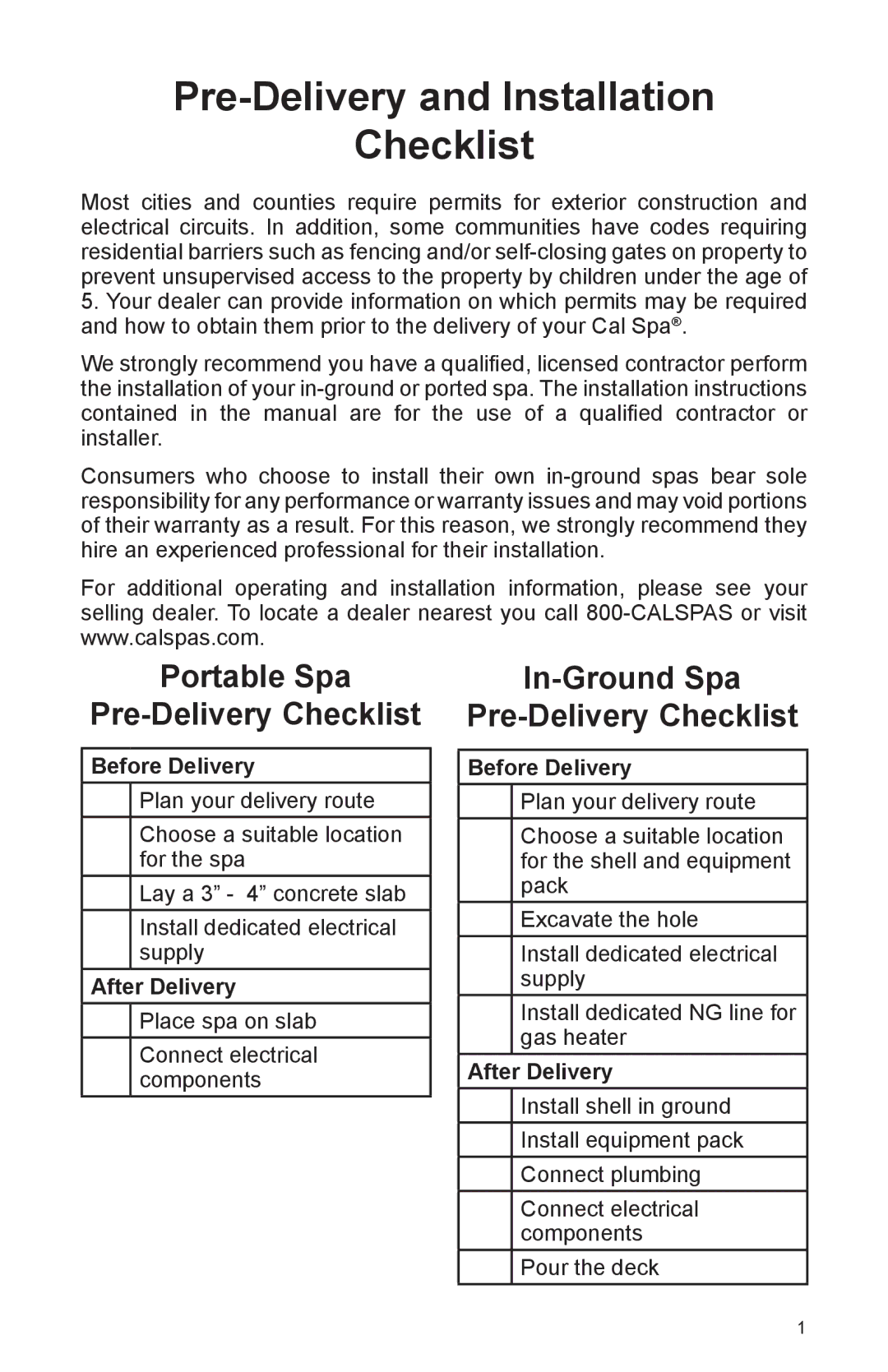 Cal Spas A726B, A857B, A844L, A826L, A726L, A969L Pre-Delivery and Installation Checklist, Portable Spa Pre-Delivery Checklist 