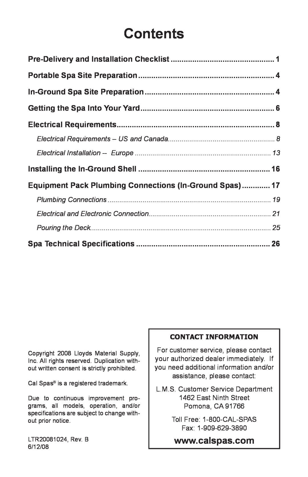 Cal Spas A826L, A857B Contents, Equipment Pack Plumbing Connections In-GroundSpas, Pre-Deliveryand Installation Checklist 