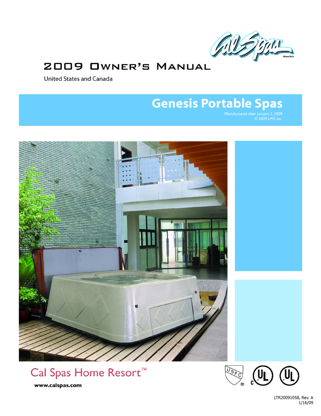 Cal Spas Genesis Portable Spa manual LTR20091058, Rev. a 1/16/09 