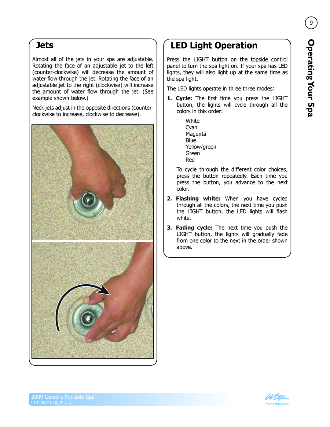 Cal Spas Genesis Portable Spa manual Jets, LED Light Operation 