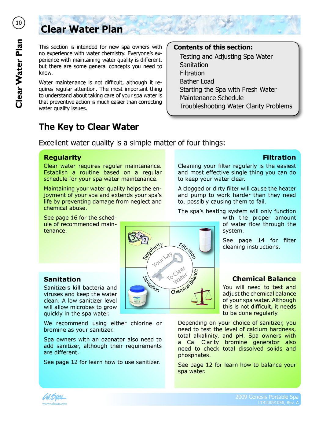 Cal Spas Genesis Portable Spa manual Clear Water Plan, Key to Clear Water, Contents of this section 