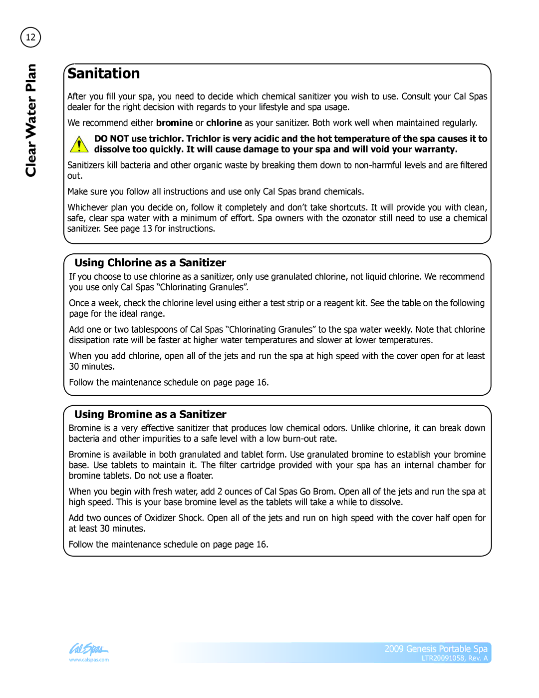 Cal Spas Genesis Portable Spa manual Sanitation, Using Chlorine as a Sanitizer, Using Bromine as a Sanitizer 