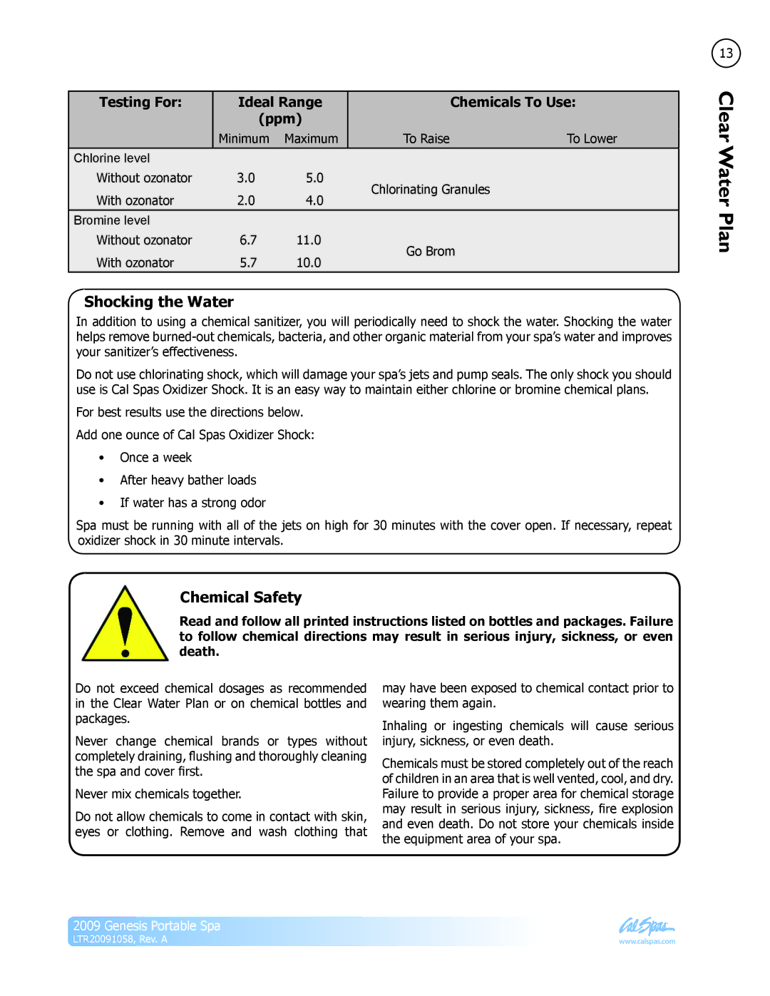 Cal Spas Genesis Portable Spa manual Shocking the Water, Chemical Safety 