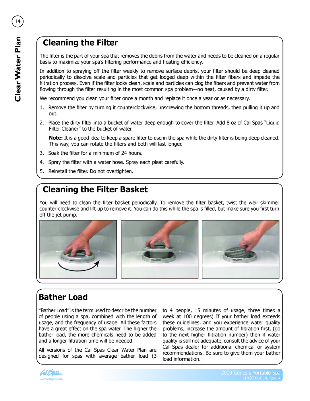 Cal Spas Genesis Portable Spa manual Cleaning the Filter Basket, Bather Load 