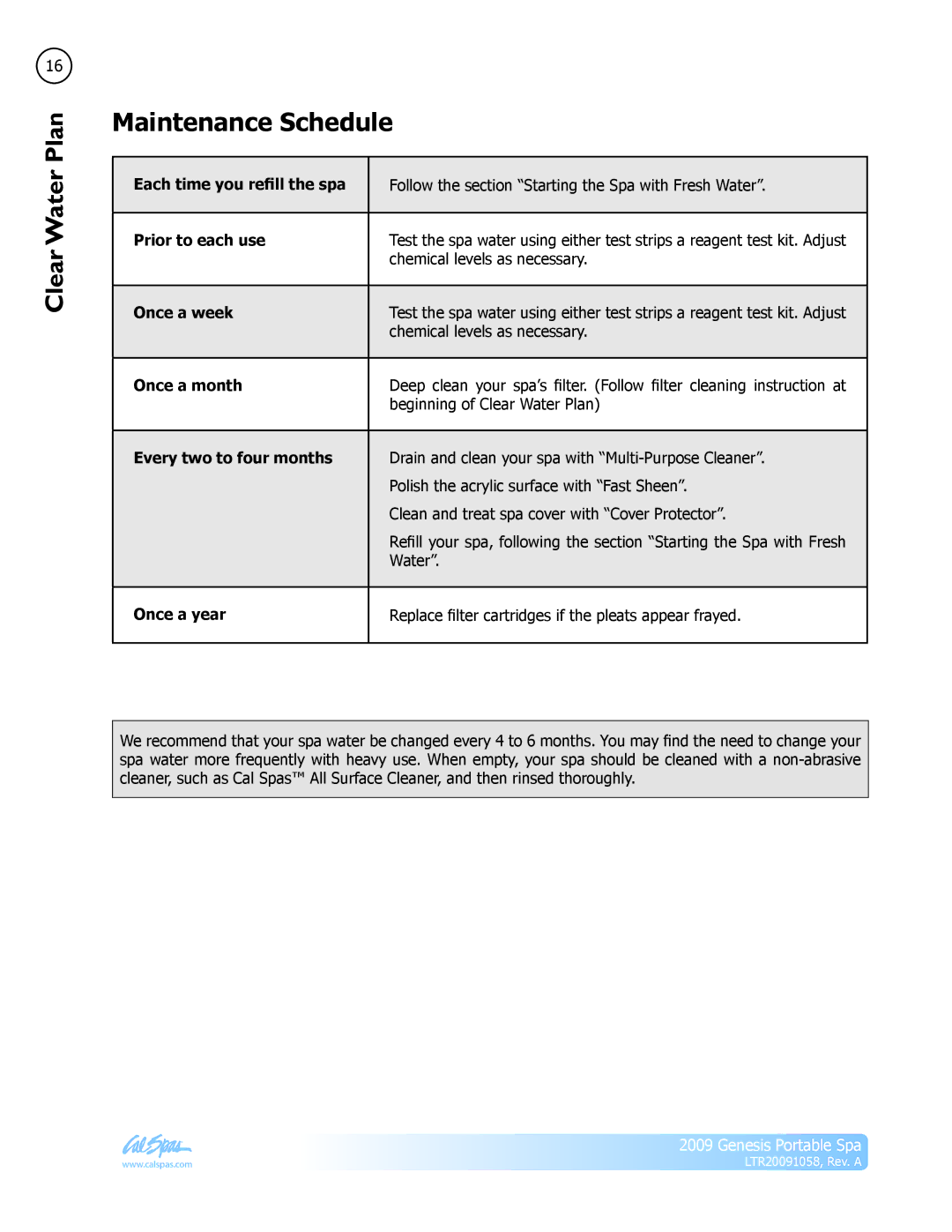 Cal Spas Genesis Portable Spa manual Maintenance Schedule 