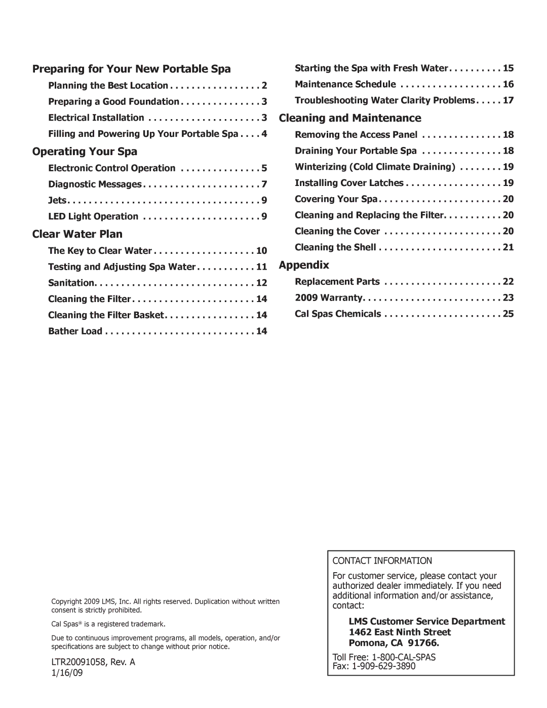 Cal Spas Genesis Portable Spa Preparing for Your New Portable Spa, Cleaning and Maintenance, Operating Your Spa, Appendix 