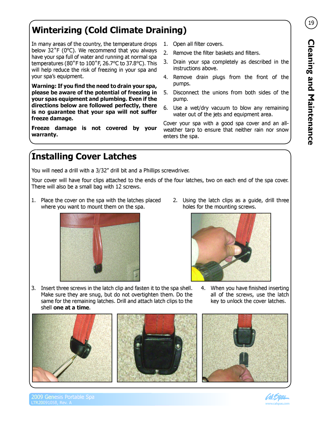 Cal Spas Genesis Portable Spa manual Winterizing Cold Climate Draining, Installing Cover Latches, Shell one at a time 
