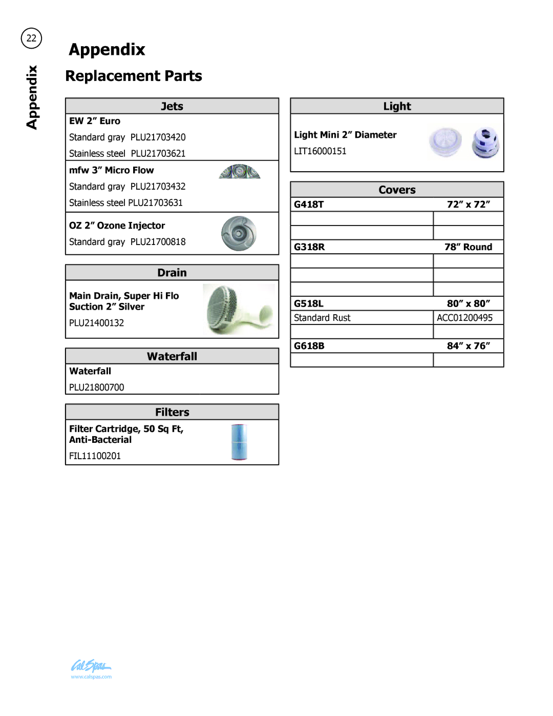 Cal Spas Genesis Portable Spa manual Appendix, Replacement Parts 