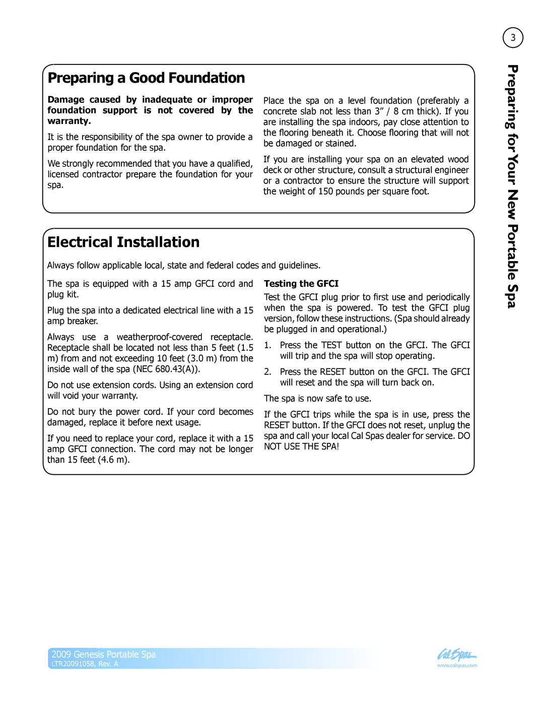 Cal Spas Genesis Portable Spa manual Preparing a Good Foundation, Electrical Installation, Testing the Gfci 