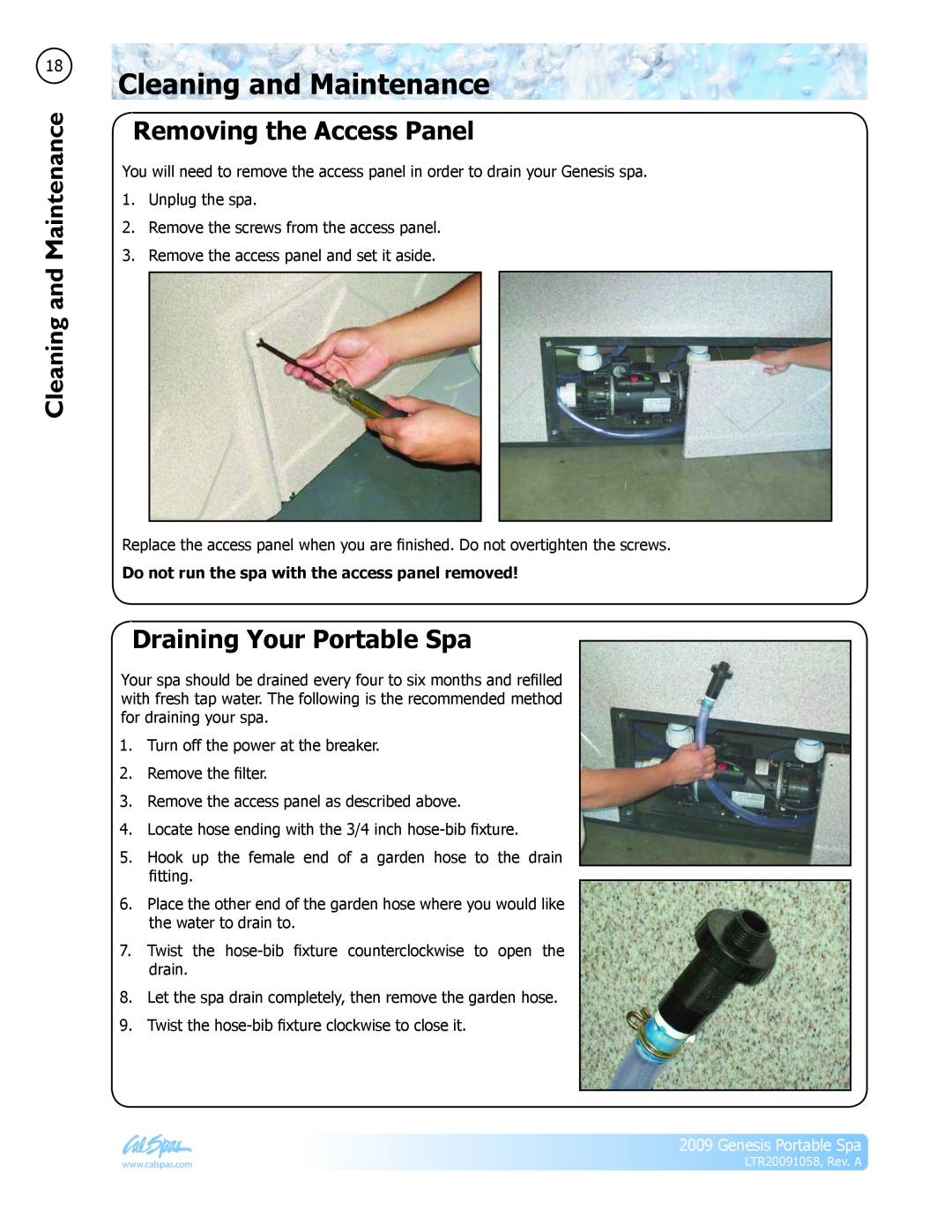 Cal Spas Genesis Portable Spa manual Cleaning and Maintenance, Removing the Access Panel, Draining Your Portable Spa 