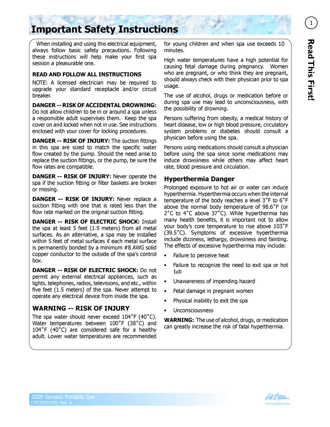 Cal Spas Genesis Portable Spa manual Important Safety Instructions, Read This First, Warning --Risk Of Injury 
