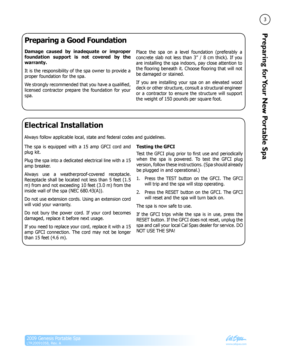Cal Spas Genesis Portable Spa manual Preparing a Good Foundation, Electrical Installation, Testing the GFCI 