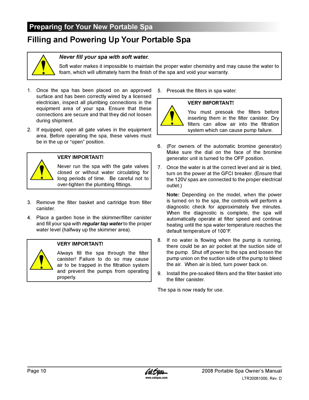 Cal Spas GFCI manual Filling and Powering Up Your Portable Spa, Never fill your spa with soft water 