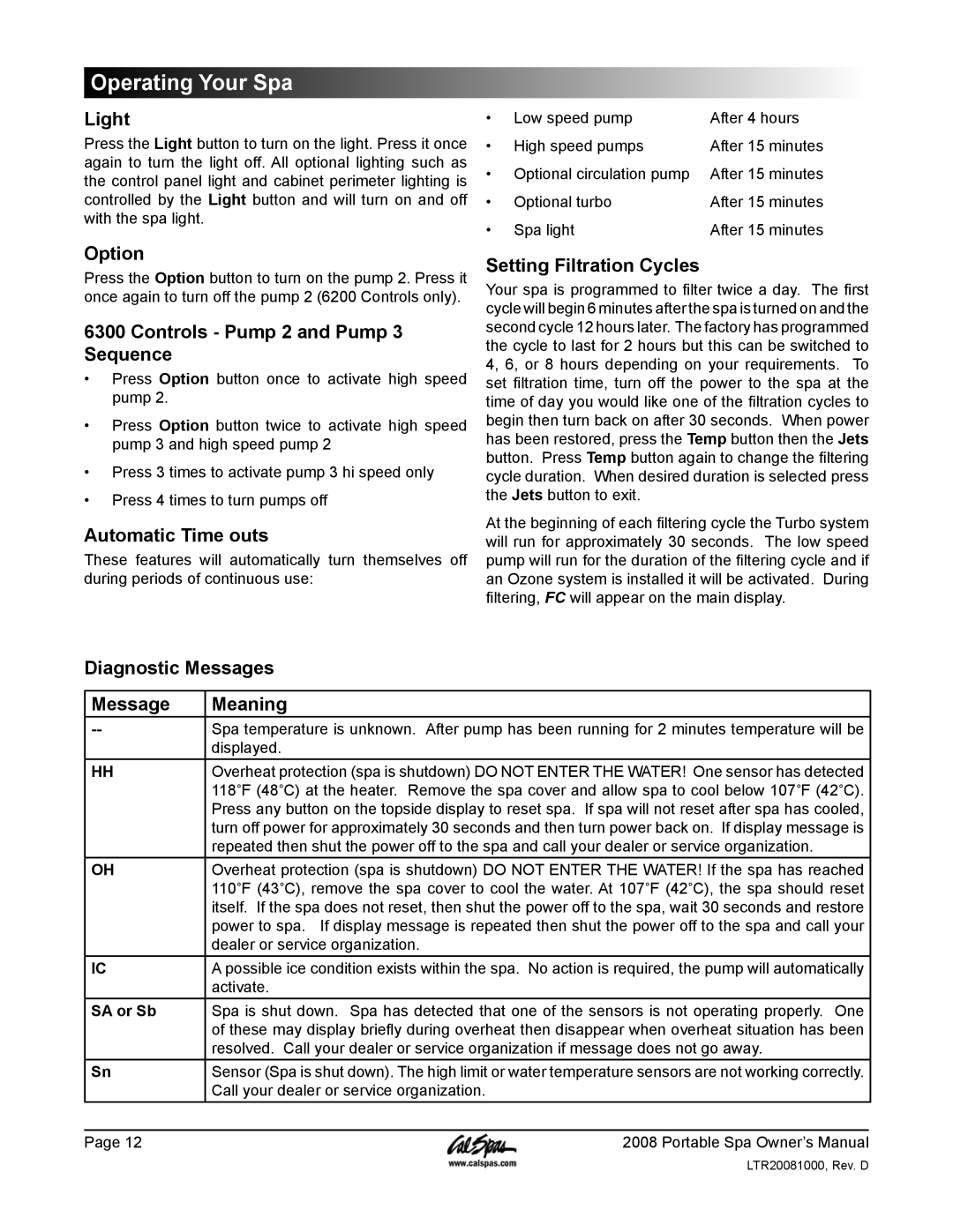 Cal Spas GFCI manual Light, Option, Controls Pump 2 and Pump 3 Sequence, Automatic Time outs, Setting Filtration Cycles 