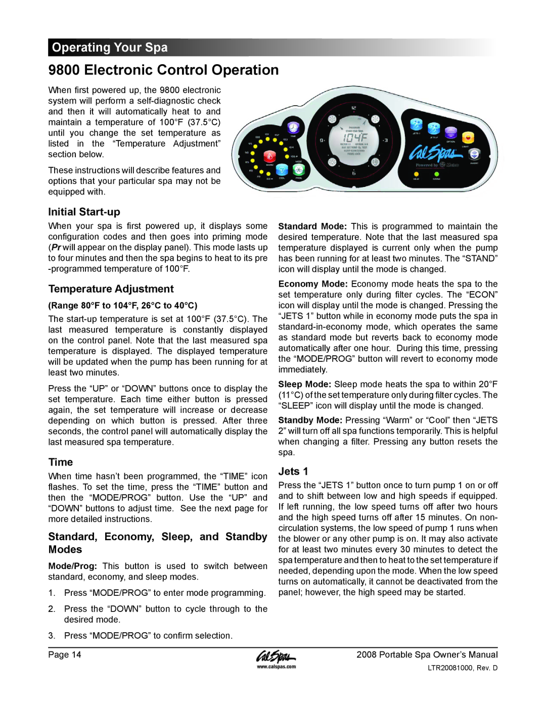 Cal Spas GFCI manual Electronic Control Operation, Initial Start-up, Time, Standard, Economy, Sleep, and Standby, Modes 