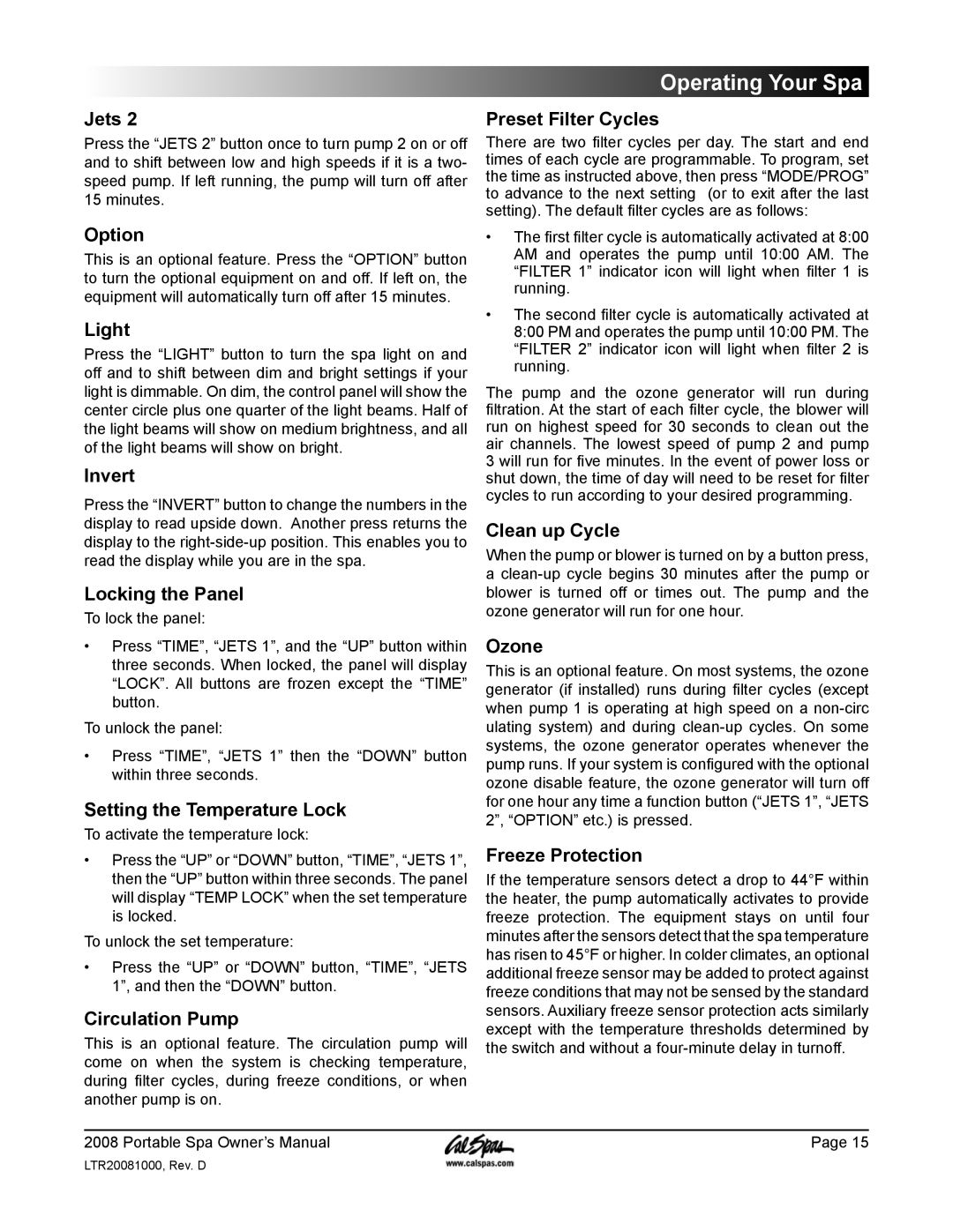 Cal Spas GFCI manual Preset Filter Cycles, Invert, Locking the Panel, Setting the Temperature Lock, Circulation Pump, Ozone 