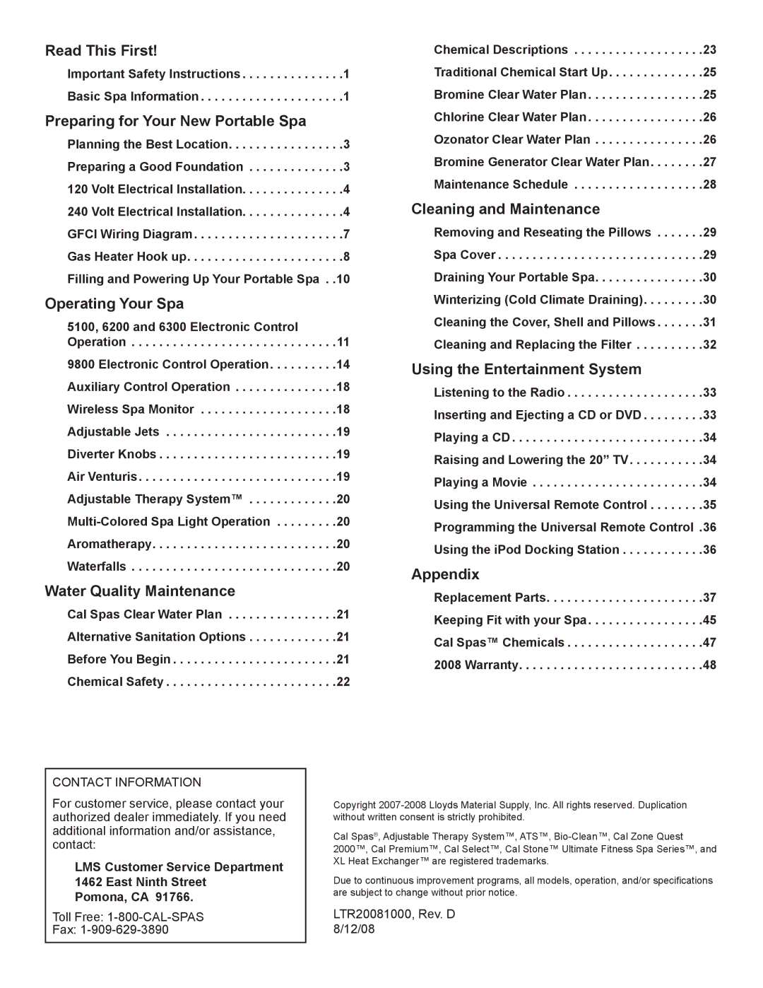 Cal Spas GFCI manual Read This First, Preparing for Your New Portable Spa, Cleaning and Maintenance, Operating Your Spa 