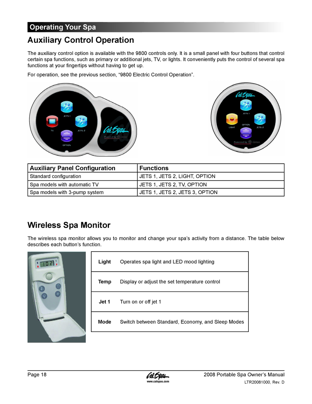 Cal Spas GFCI manual Auxiliary Control Operation, Wireless Spa Monitor, Auxiliary Panel Configuration Functions 