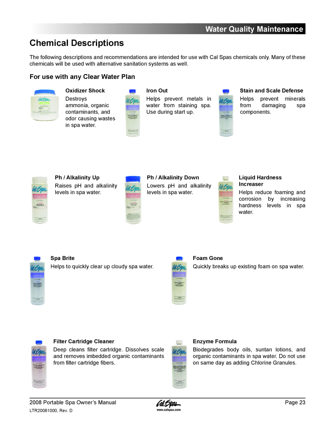 Cal Spas GFCI manual Chemical Descriptions, For use with any Clear Water Plan 