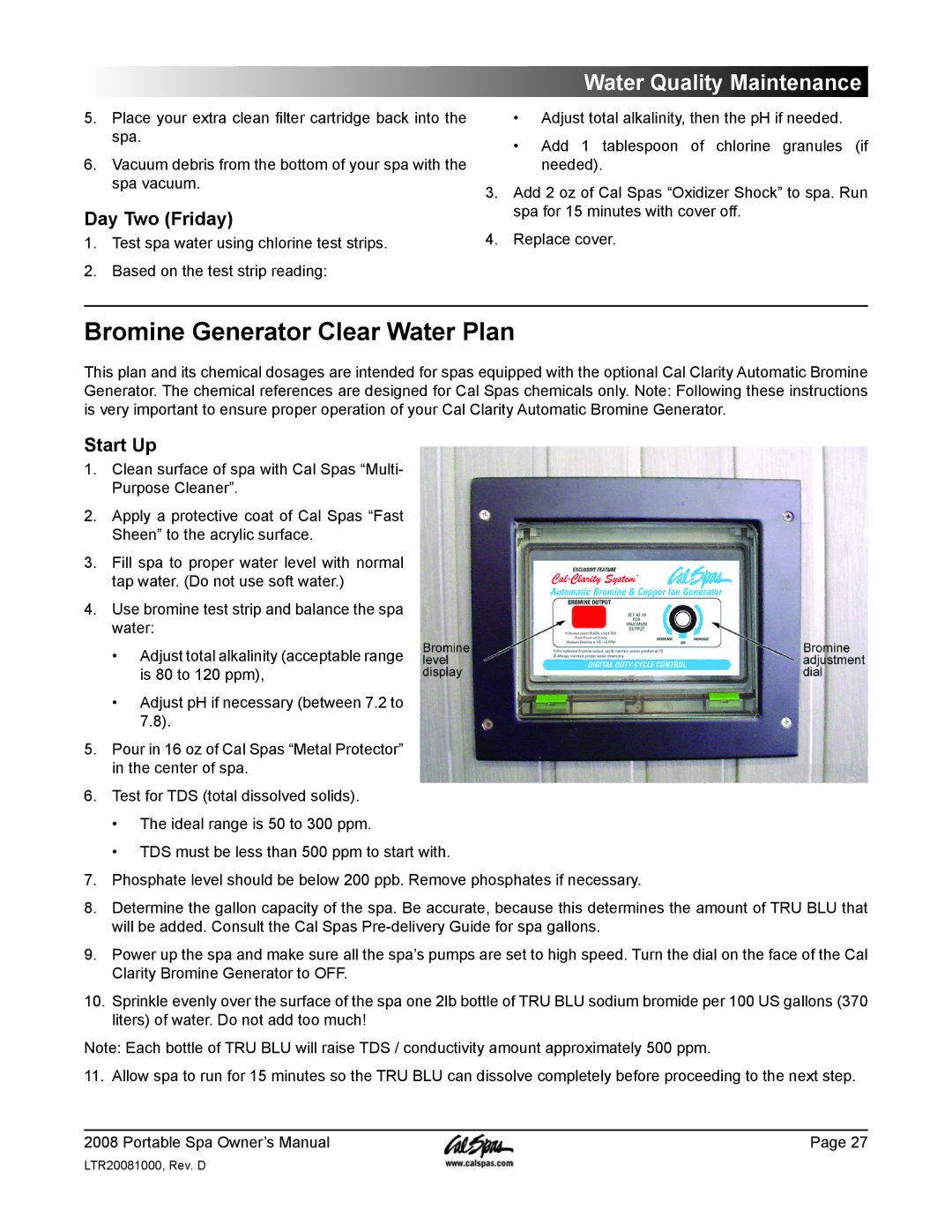 Cal Spas GFCI manual Bromine Generator Clear Water Plan, Day Two Friday 