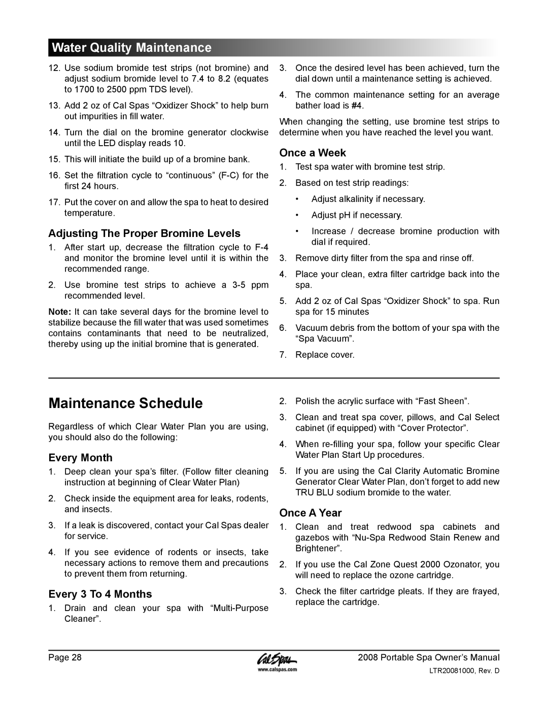 Cal Spas GFCI manual Maintenance Schedule 