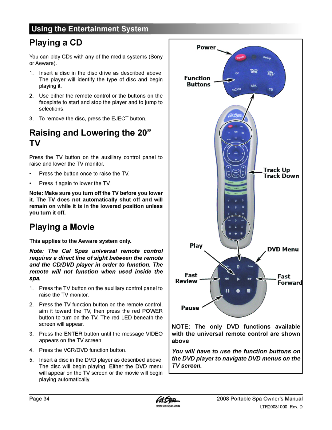 Cal Spas GFCI manual Playing a CD, Raising and Lowering, Playing a Movie, This applies to the Aeware system only 