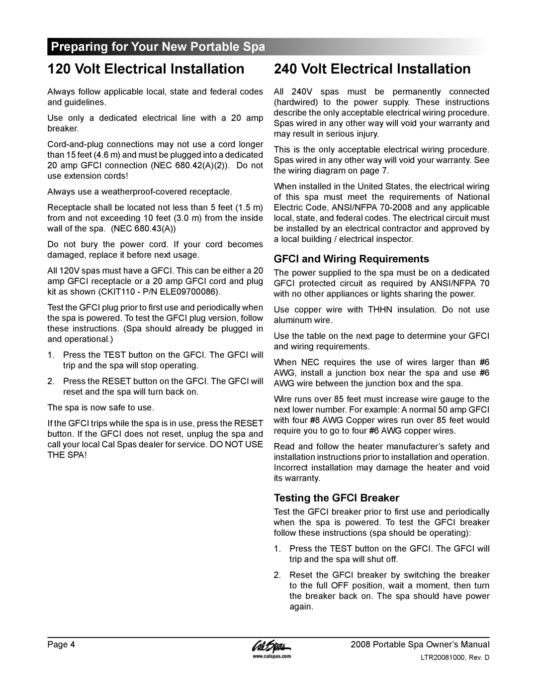 Cal Spas GFCI manual Volt Electrical Installation, Gfci and Wiring Requirements, Testing the Gfci Breaker 