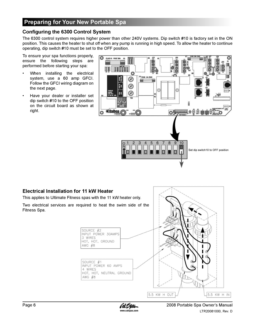 Cal Spas GFCI manual Configuring the 6300 Control System, Electrical Installation for 11 kW Heater 