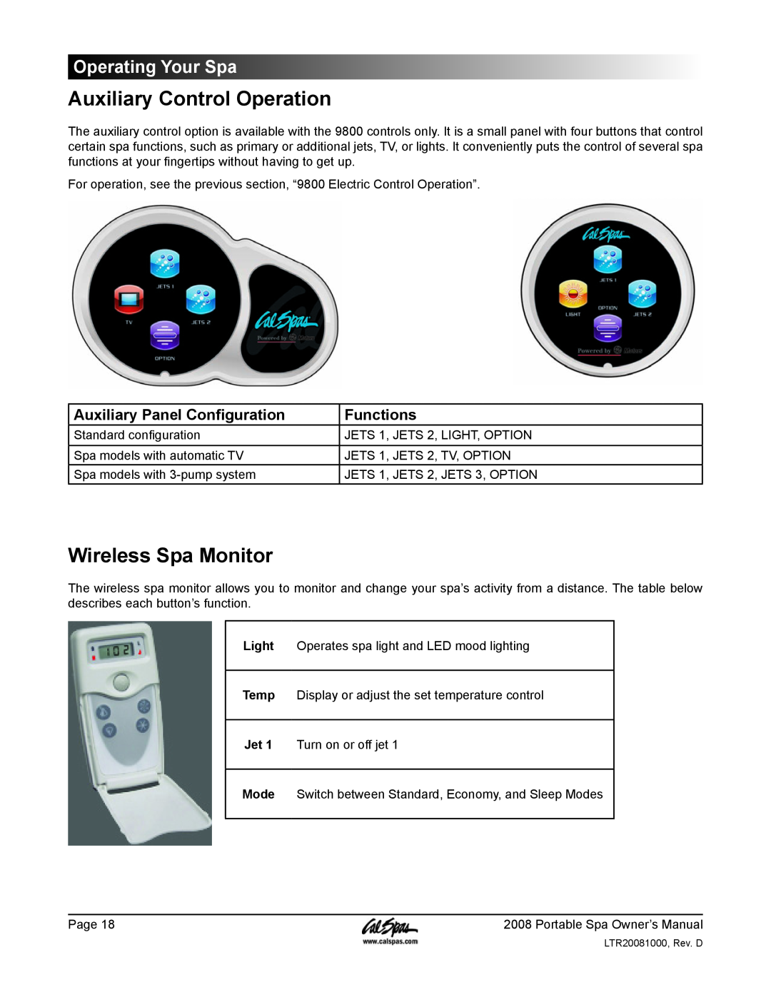 Cal Spas GFCI manual Auxiliary Control Operation, Wireless Spa Monitor, Auxiliary Panel Configuration, Functions 